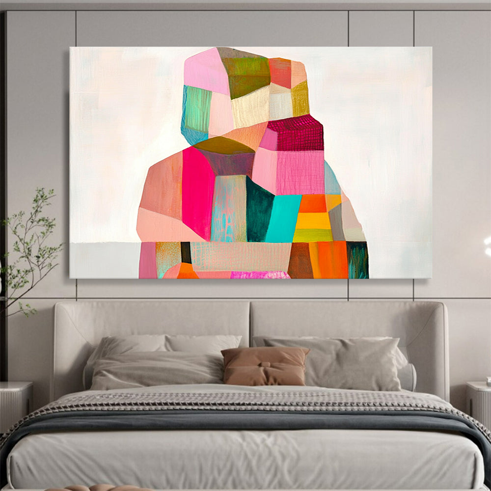A large abstract painting with geometric shapes in pastel tones capturing the essence of the body against a soft white background.SC354
