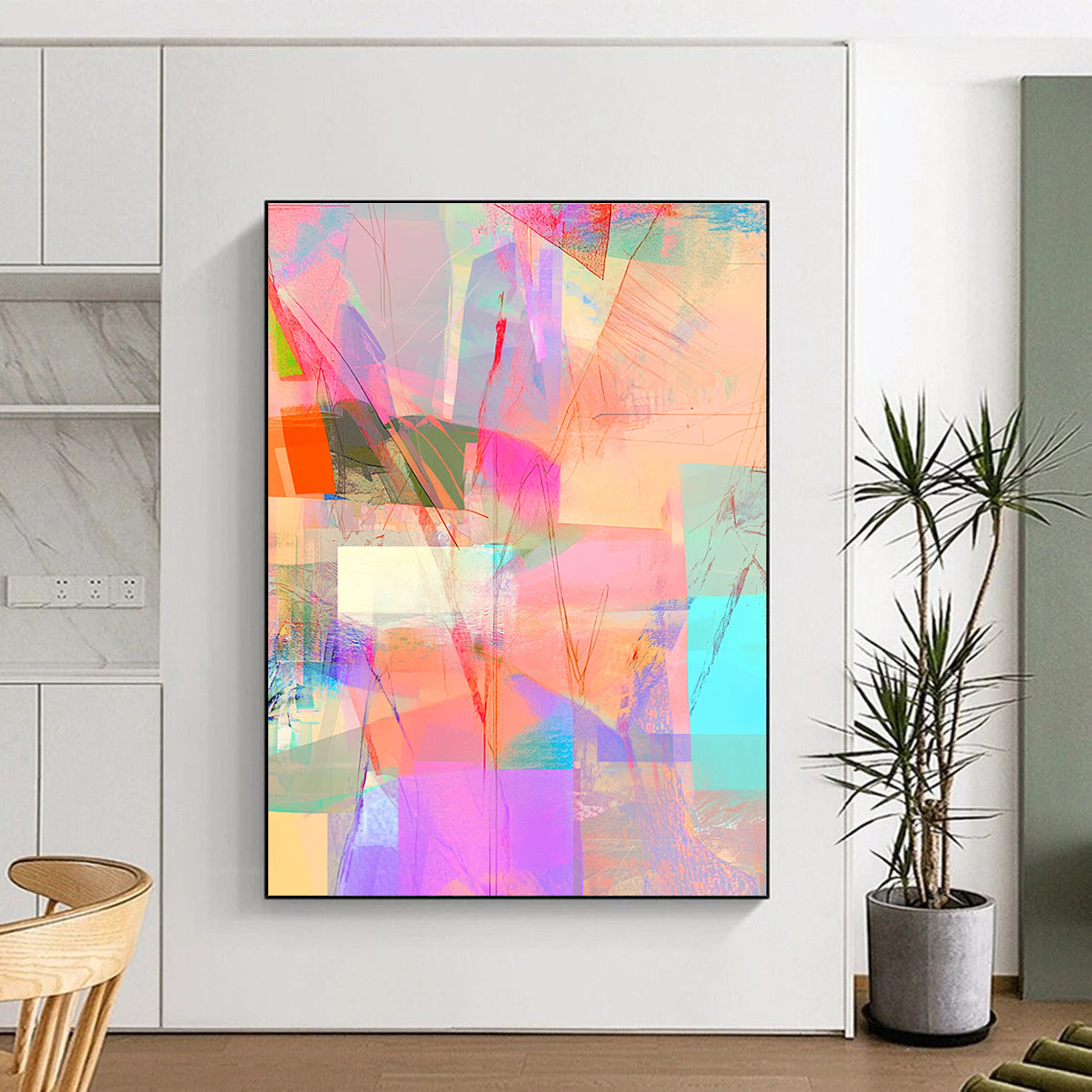 Abstract digital collage with pastel colors featuring neon pink squares bright blue patterns soft orange lines and vibrant green and yellow accents.STSC543