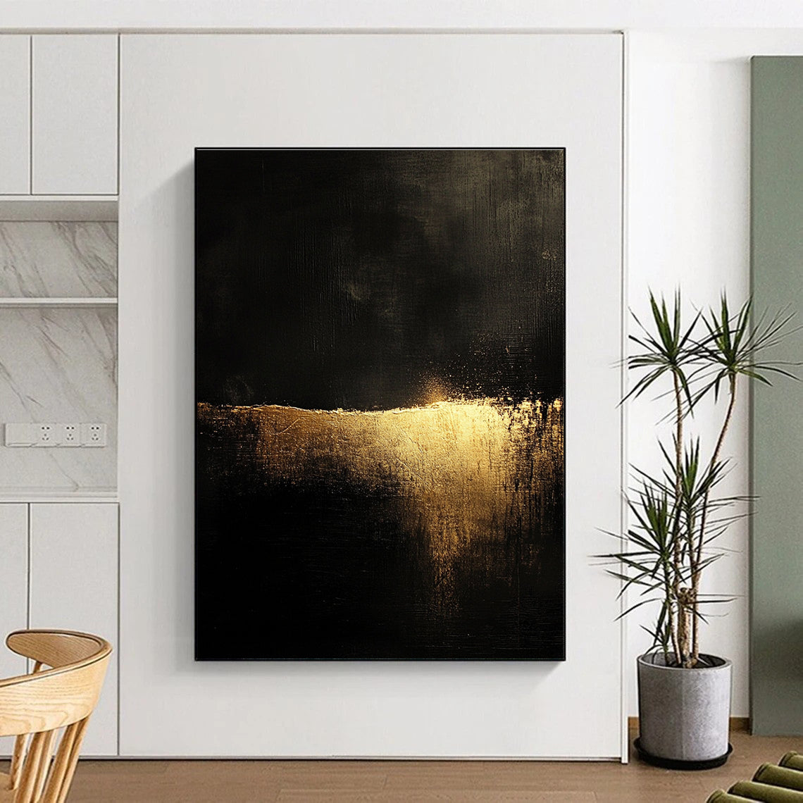 Abstract landscape featuring golden light on a dark textured ground in the style of John Harris with a minimalistic aesthetic.STSC075