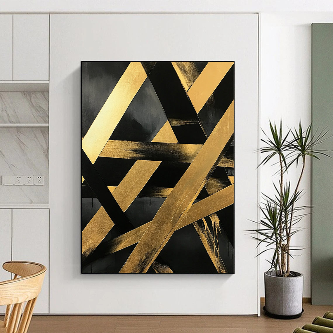Large abstract painting featuring gold and black diagonal lines on a dark gray background with textured brushstrokes and intertwined golden metal beams.STSC1129