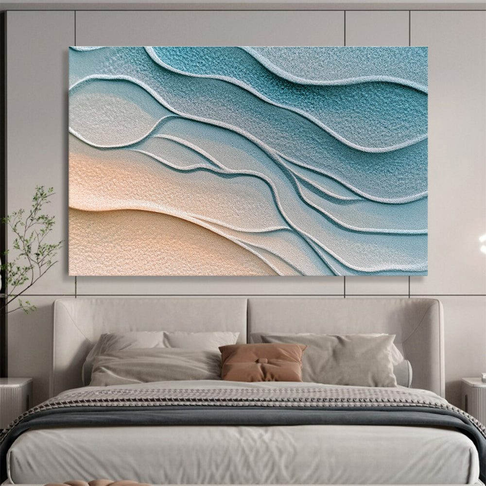 This abstract painting portrays textured Martian sand in soft light blue and gray hues, creating a serene and tranquil atmosphere with gentle ripples.SC452