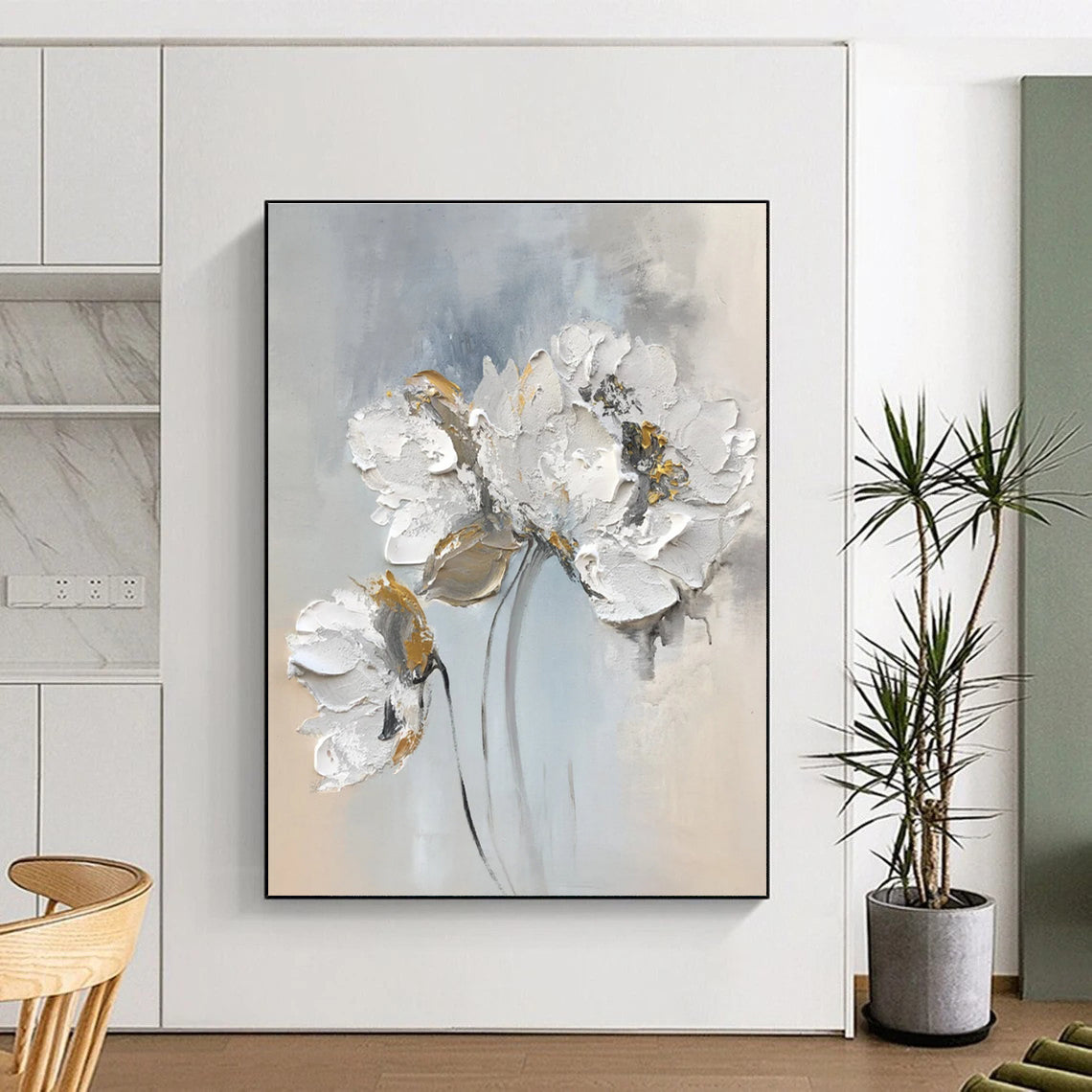 Textured Floral Abstract Painting with Gray and Gold Accents ADGE447