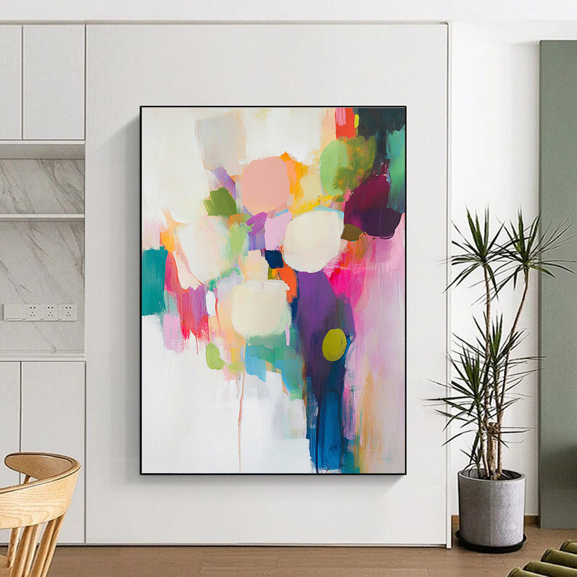 Large abstract painting featuring vibrant brush strokes on a white background with soft colors and dynamic composition in light pink turquoise blue and lime green.STSC761