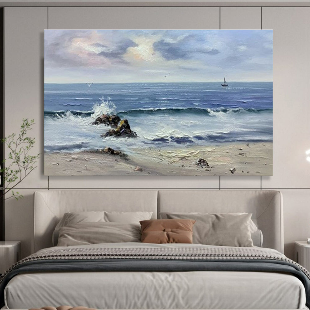Seaside Wave Abstract Painting with Blue, White, and Grey Tones THY190