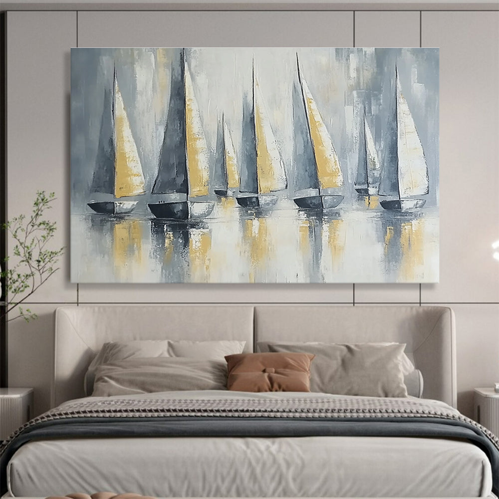 Large abstract painting featuring sailing boats with gray and gold sails on calm waters under soft lighting and a neutral background.SC610