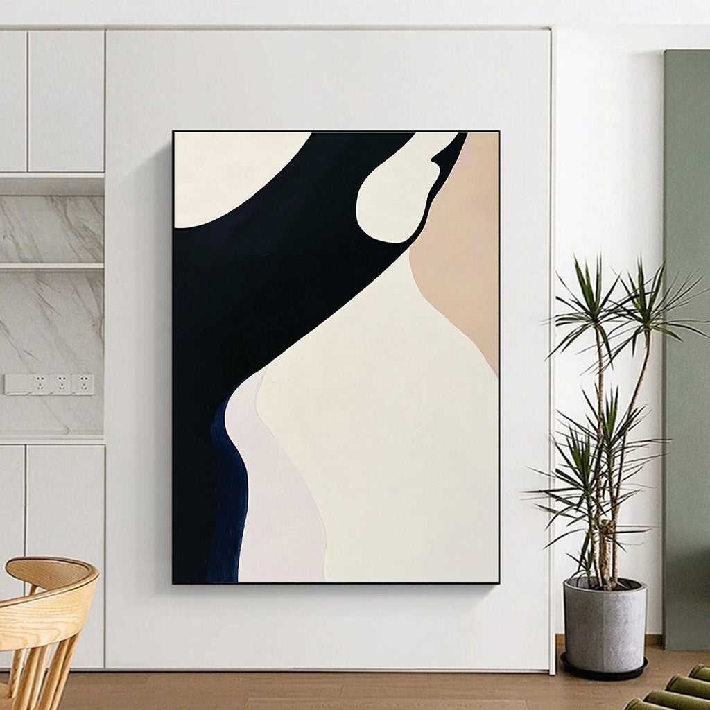 Black White and Beige Abstract Painting with Smooth Curves GER051