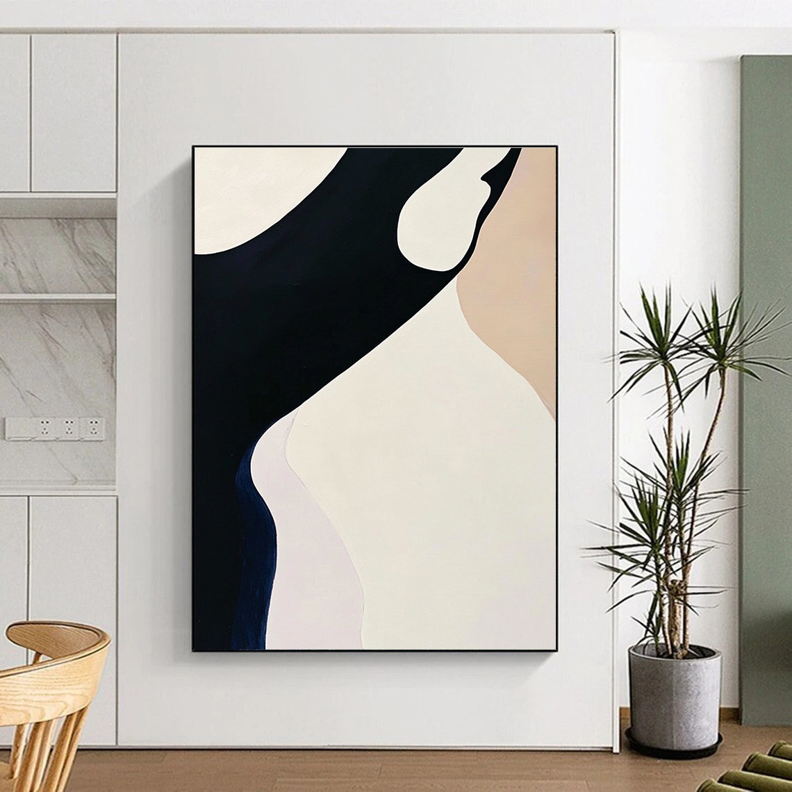 Black White and Beige Abstract Painting with Smooth Curves GER051