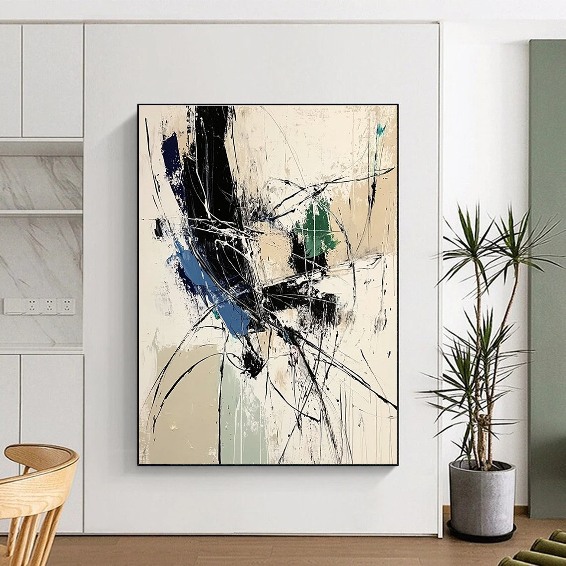 Large abstract painting featuring dynamic lines and organic shapes in white black and blue tones inspired by Zao Wou-Ki.STSC825