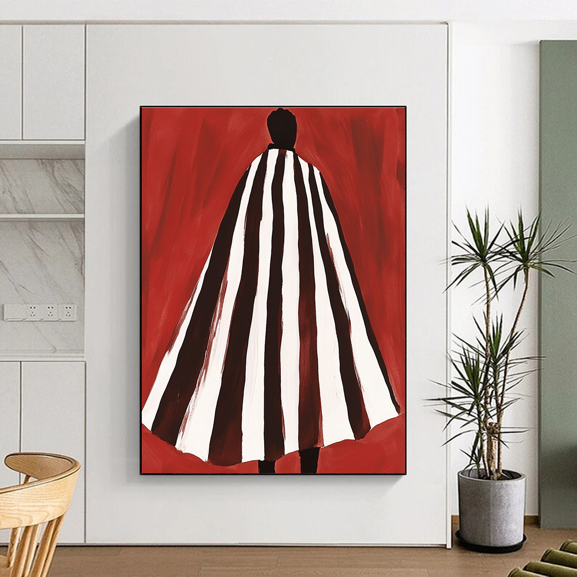 Abstract artwork featuring a brown and white striped cape inspired by Matisse and Bunt on a vibrant red background.STSC932