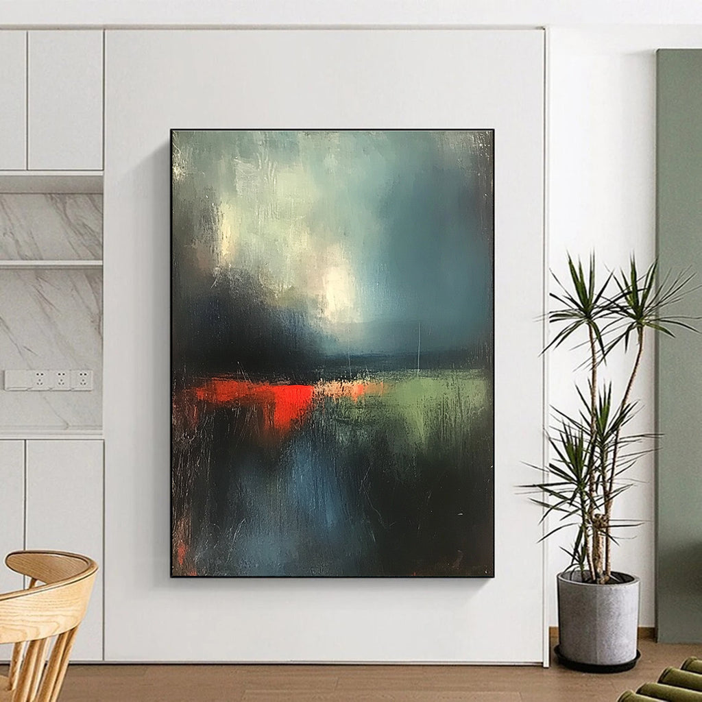 Abstract painting of the English landscape featuring dark green sky and atmospheric clouds with red lighting and soft textures using thick brush strokes.STSC702
