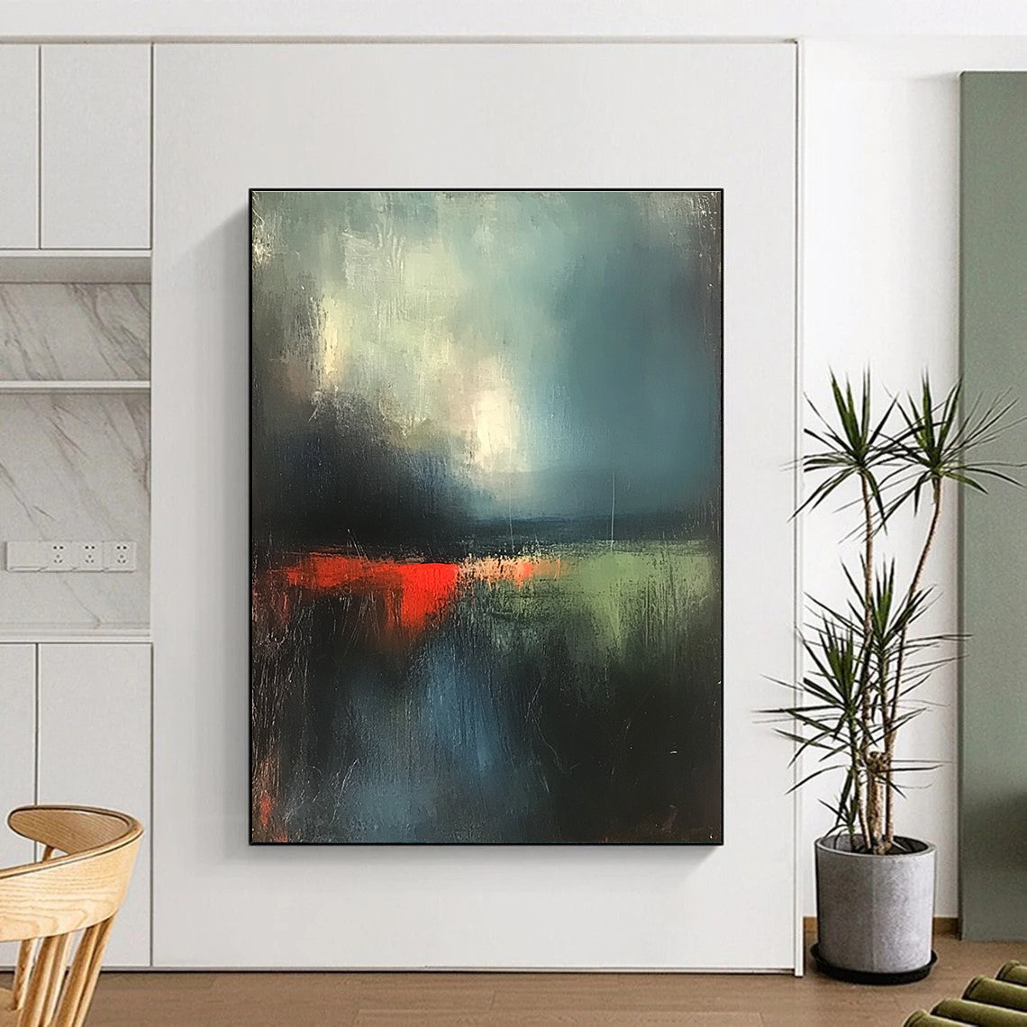Abstract painting of the English landscape featuring dark green sky and atmospheric clouds with red lighting and soft textures using thick brush strokes.STSC702