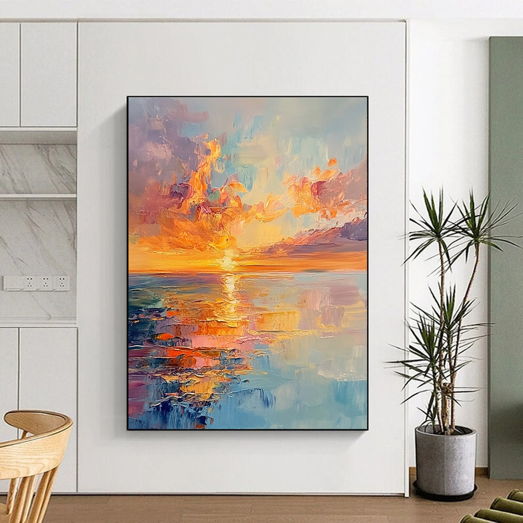 Large abstract painting capturing vibrant sunset colors with reflections on the sea and a distant horizon in an expressive style.STSC893