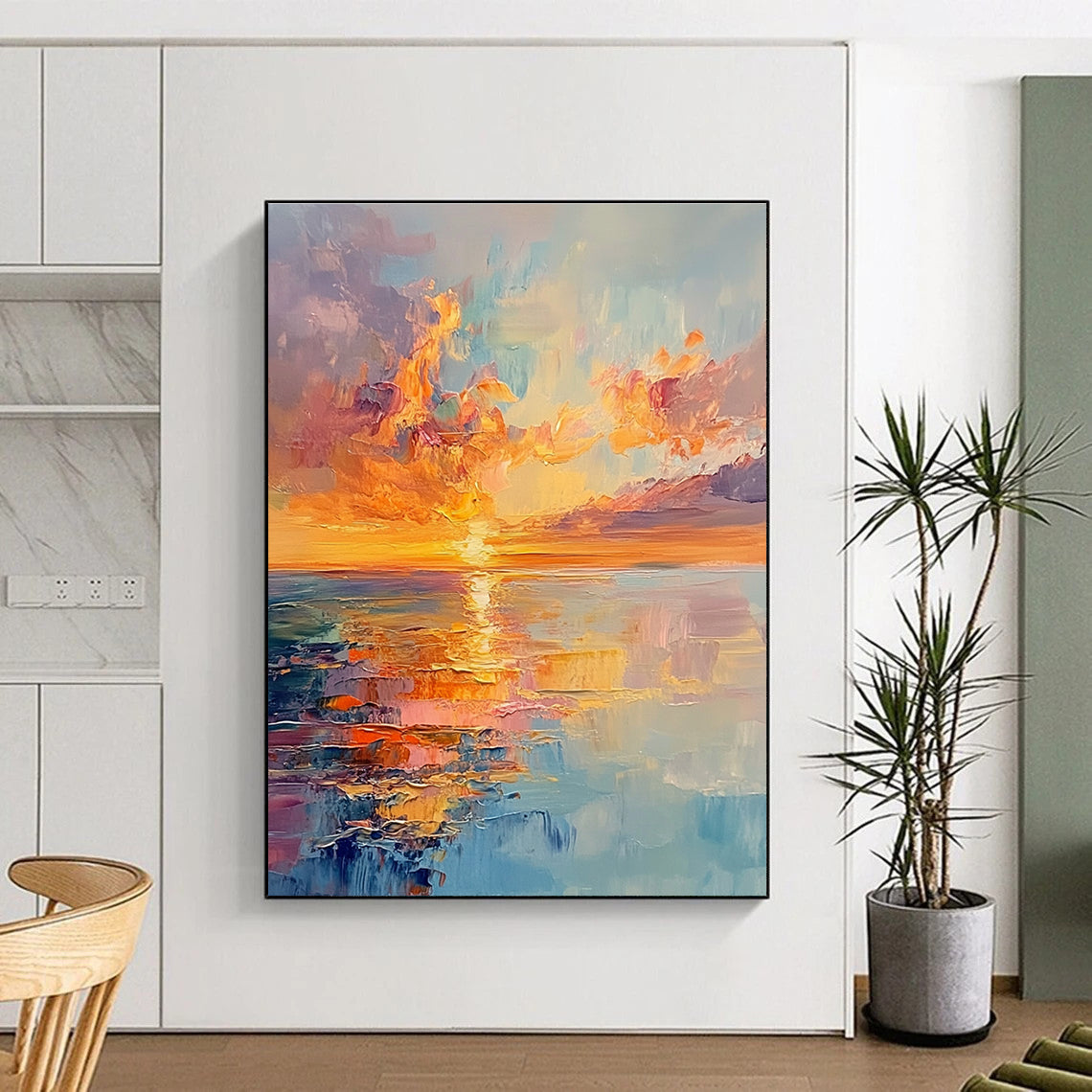 Large abstract painting capturing vibrant sunset colors with reflections on the sea and a distant horizon in an expressive style.STSC893