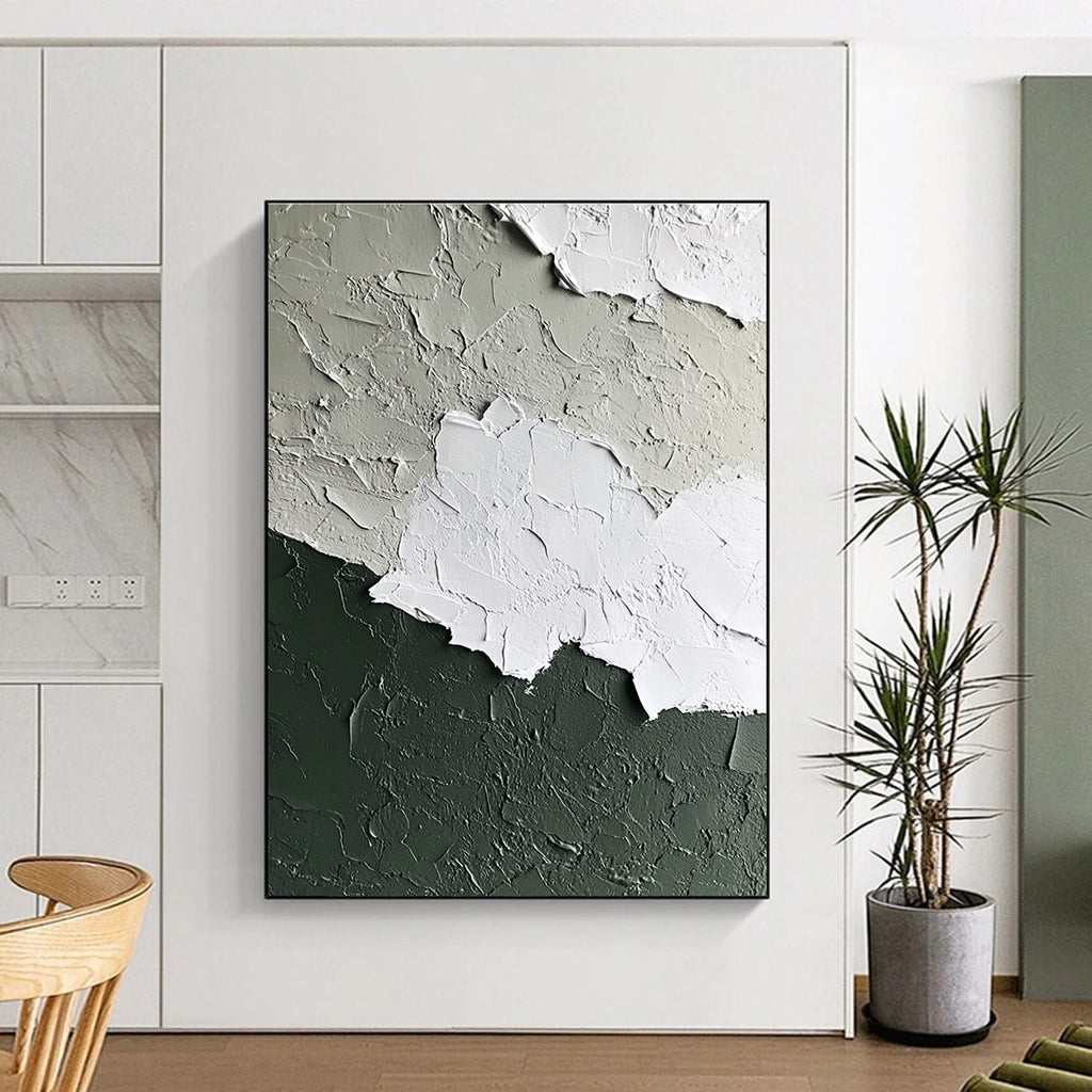 Abstract wall art in a white and sage green palette featuring a textured paint finish for a contemporary and elegant aesthetic.STSC132