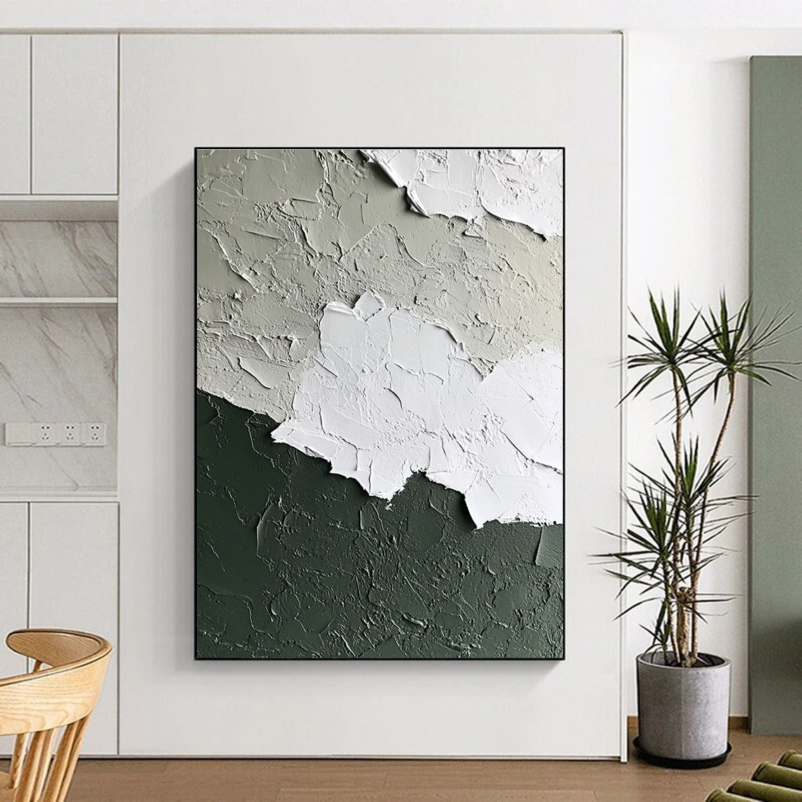 Abstract wall art in a white and sage green palette featuring a textured paint finish for a contemporary and elegant aesthetic.STSC132