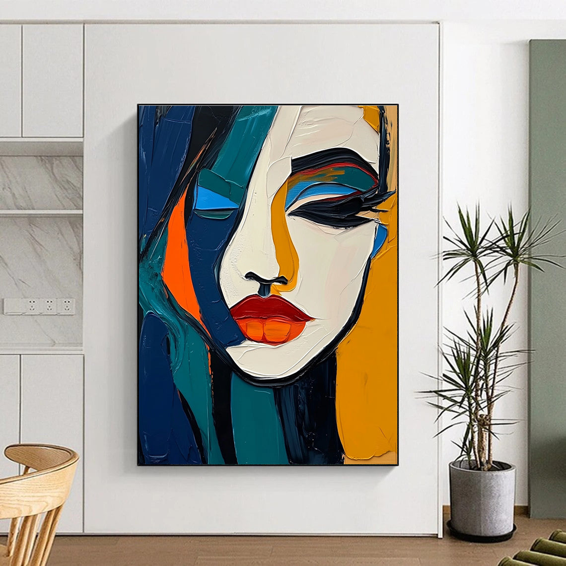 A large abstract painting with elegant features in vibrant colors merging with strong shadows bold lines and smooth textures.STSC1098