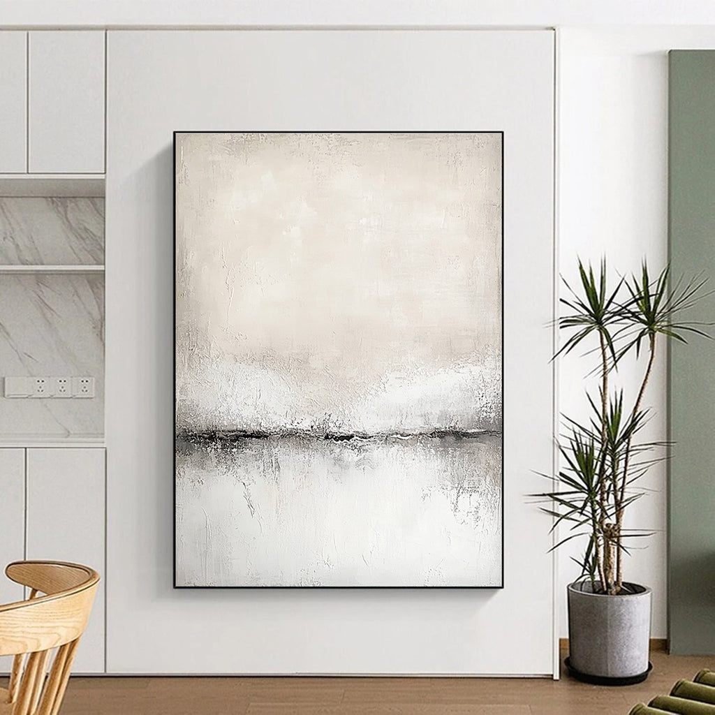 Abstract painting in white and grey tones with a soft textured canvas featuring a neutral color palette in a modern art style.STSC128