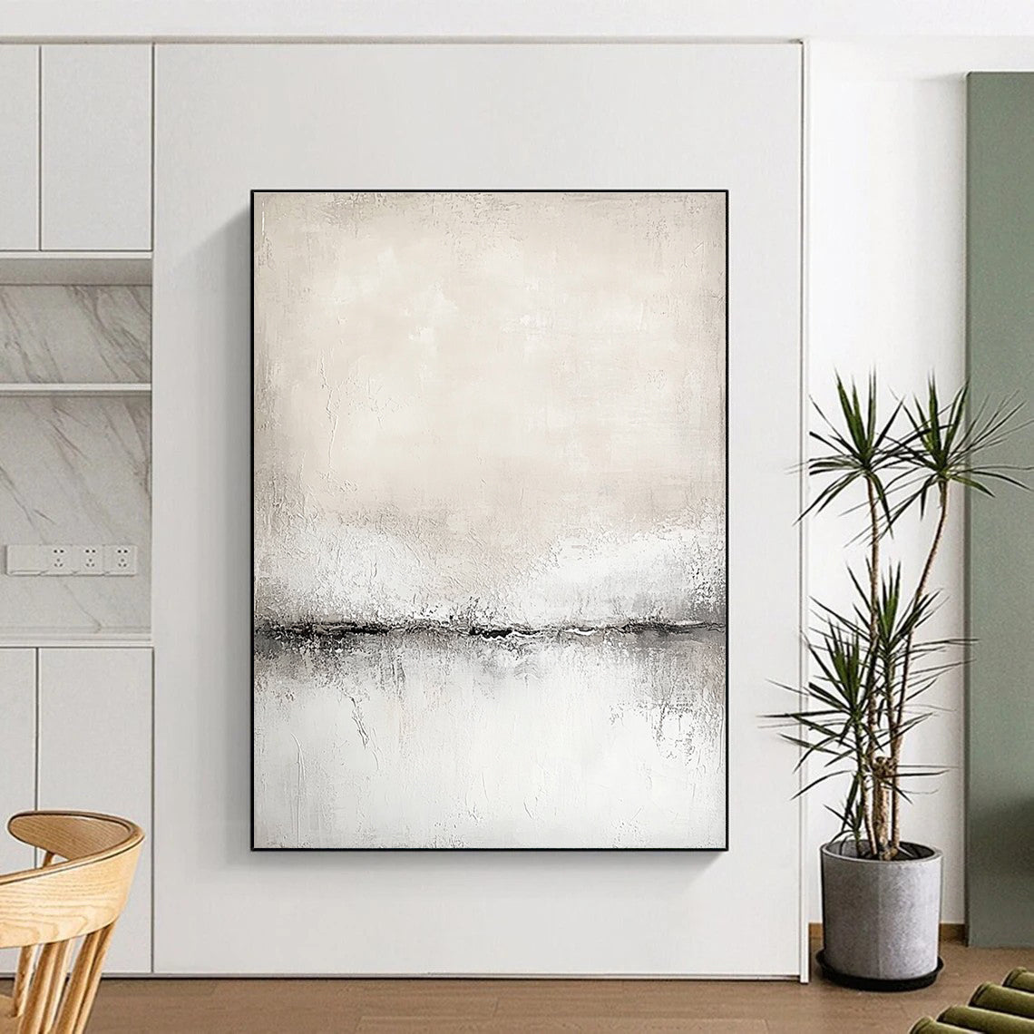 Abstract painting in white and grey tones with a soft textured canvas featuring a neutral color palette in a modern art style.STSC128