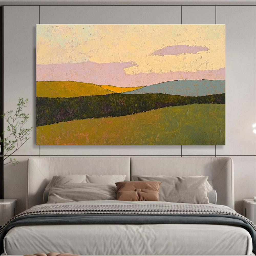 Large abstract painting in pastel colors showcases rolling hills under a sunset sky with textured impasto technique on paper.SC578