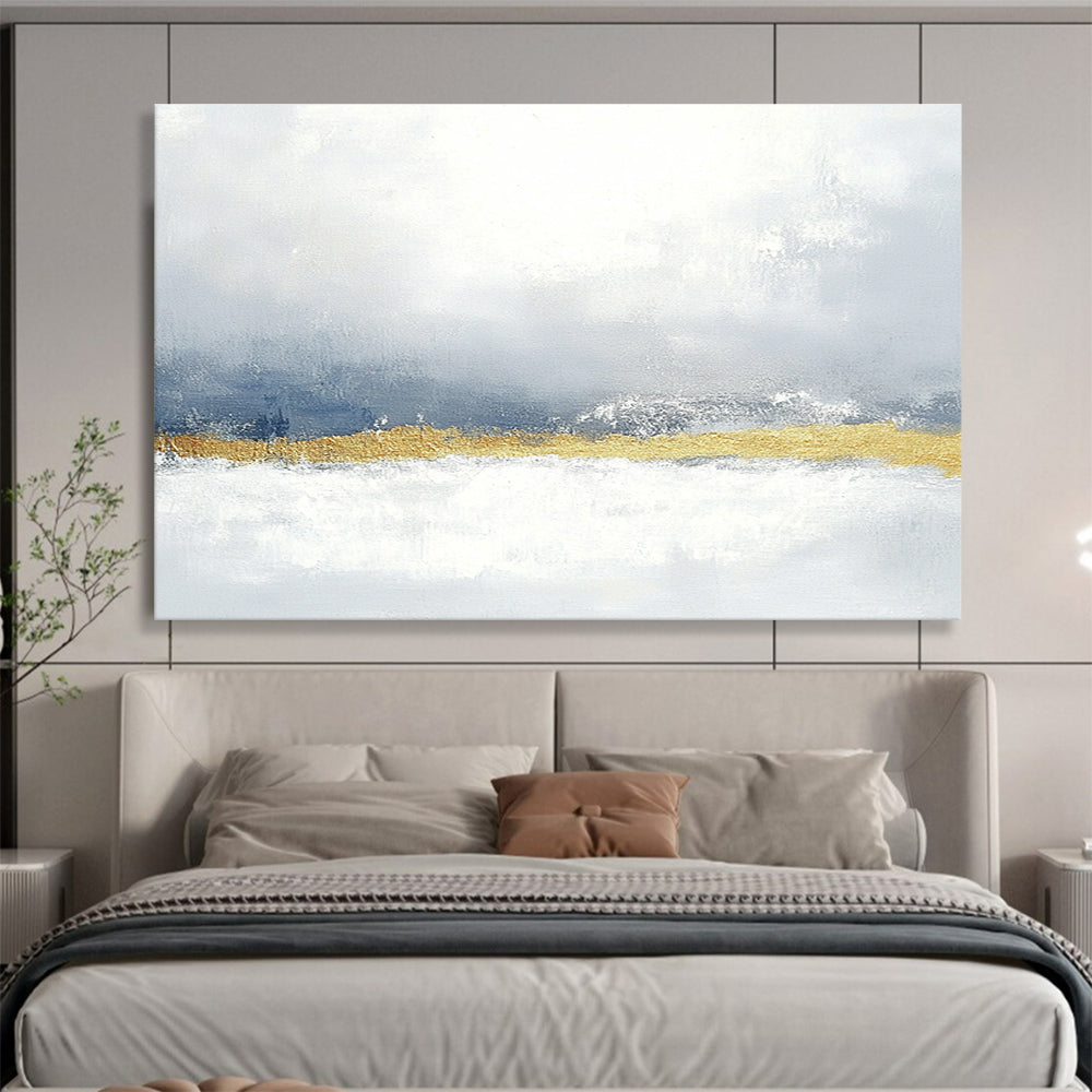 Large abstract painting in muted gray and blue with gold accents soft texture and calming minimalist style perfect for any space.SC066
