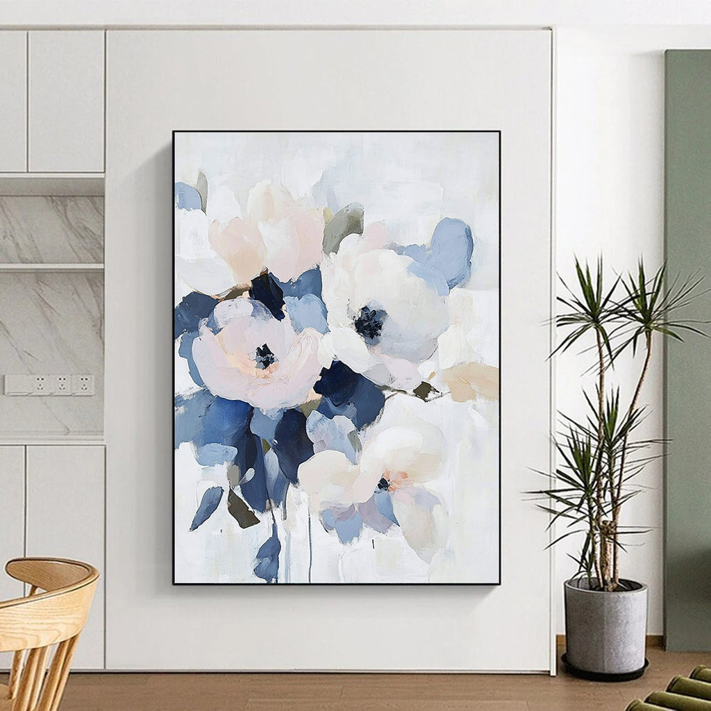 Large abstract floral painting featuring pale pastel flowers with navy and gray accents on a soft white background.STSC053