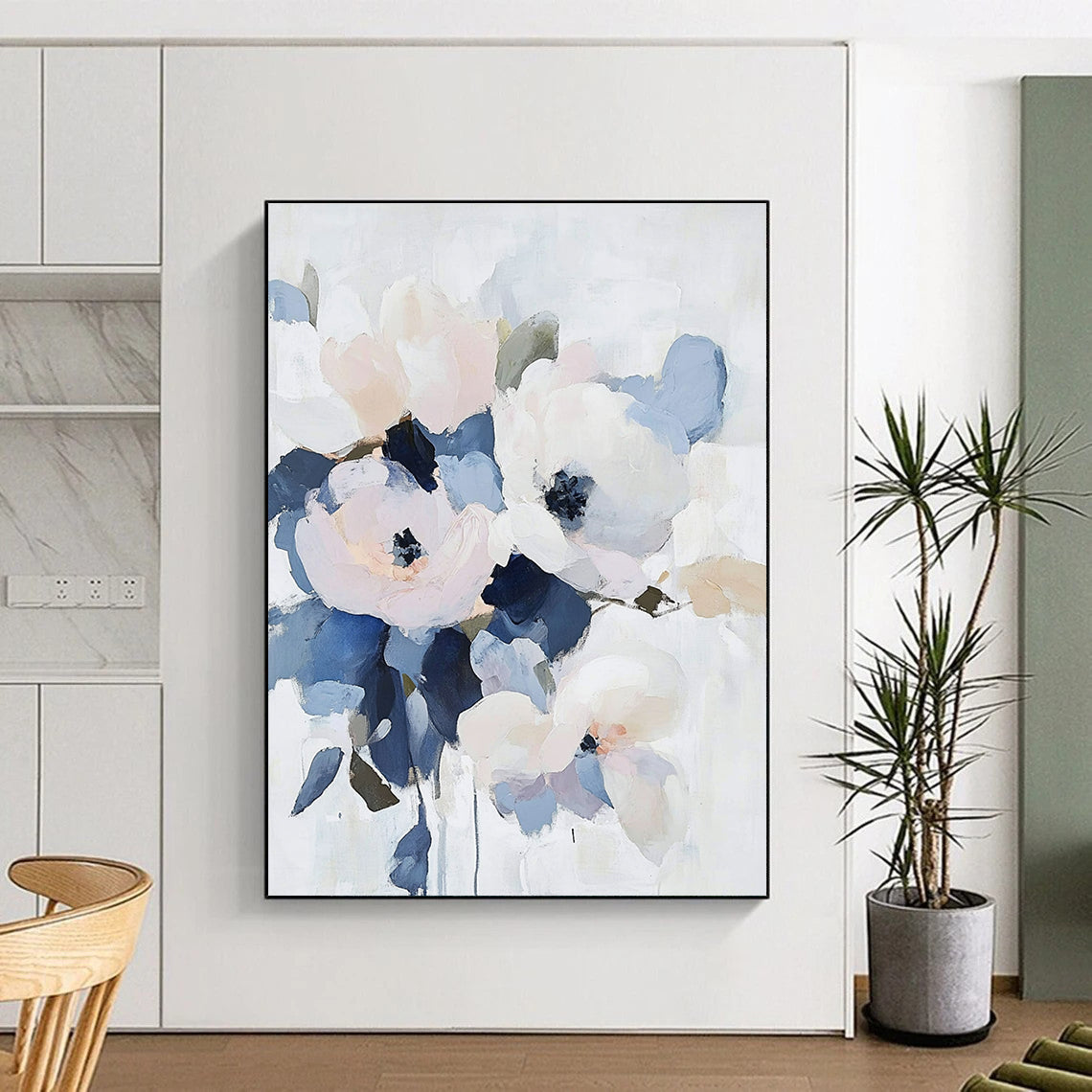 Large abstract floral painting featuring pale pastel flowers with navy and gray accents on a soft white background.STSC053