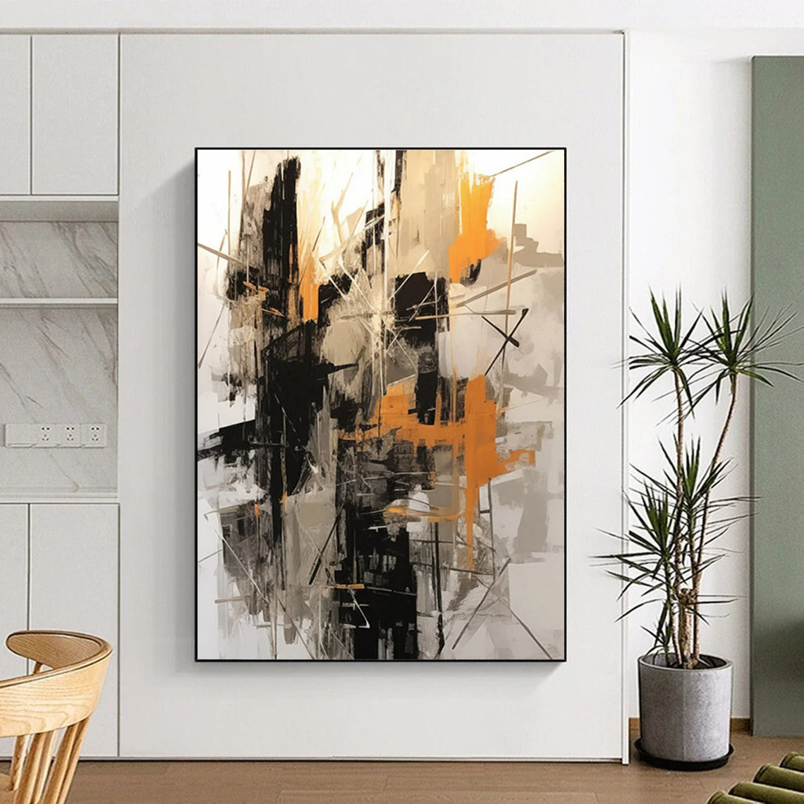 Black, Gray, and Orange Abstract Painting with Intersecting Lines ADGE116