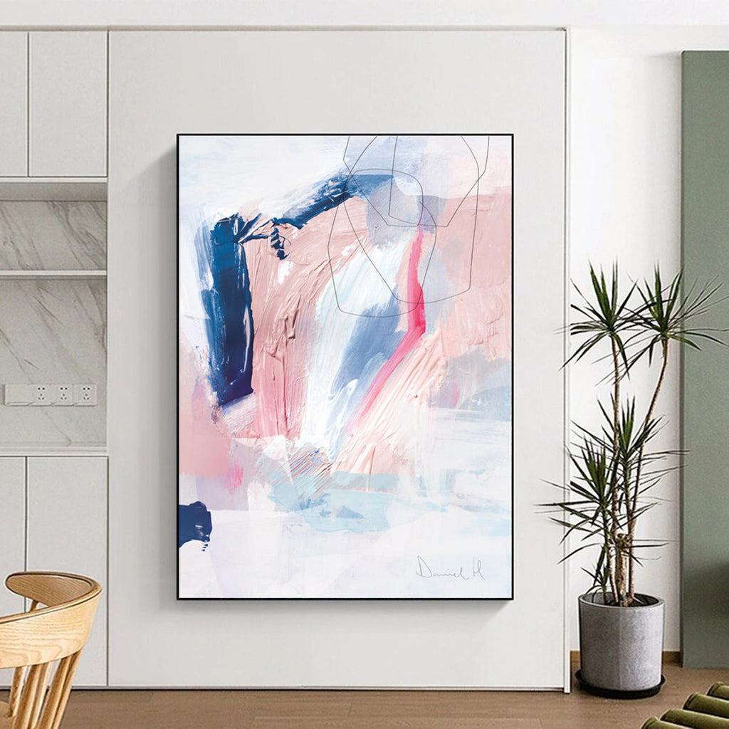 Pastel Abstract with Pink, Blue, and Black Lines Painting ADGE155