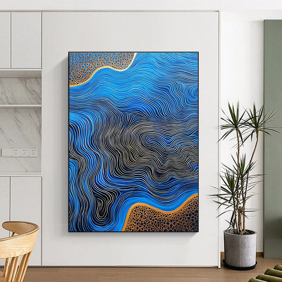 Large abstract artwork featuring flowing river patterns on blue agate with gold lines and a striking high contrast color palette.STSC957