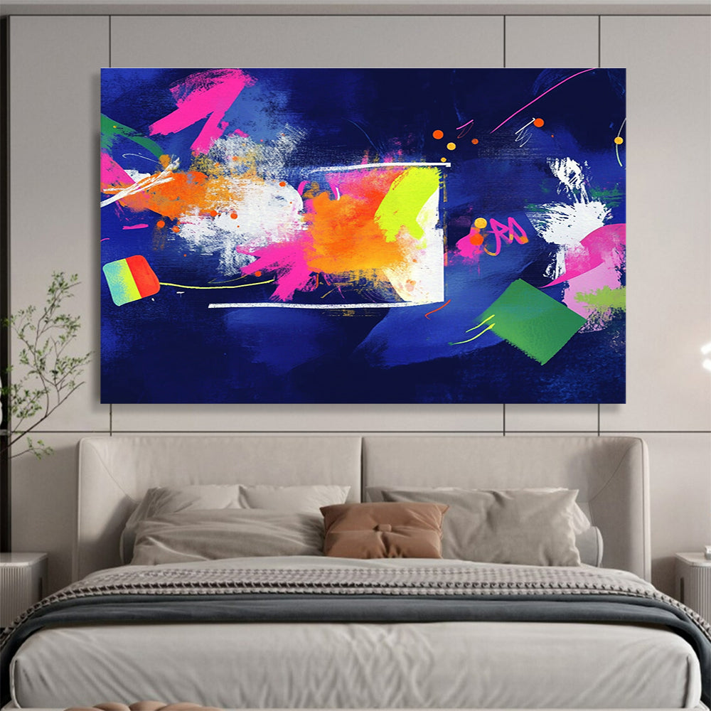 A large abstract art piece featuring bold colors and geometric shapes, creating an energetic atmosphere that inspires knowledge and creativity.SC460
