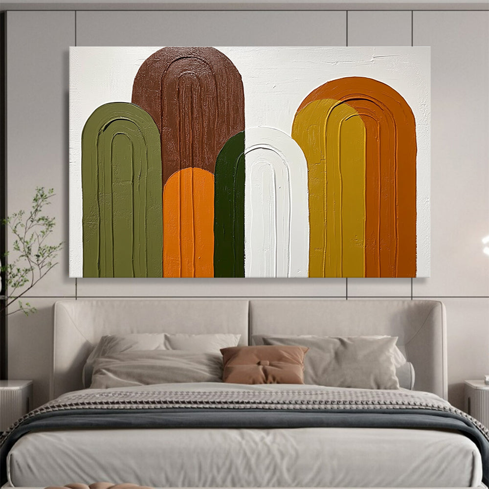 Large abstract painting featuring arches in shades of green brown and orange on a white background with simple colorful shapes.SC590