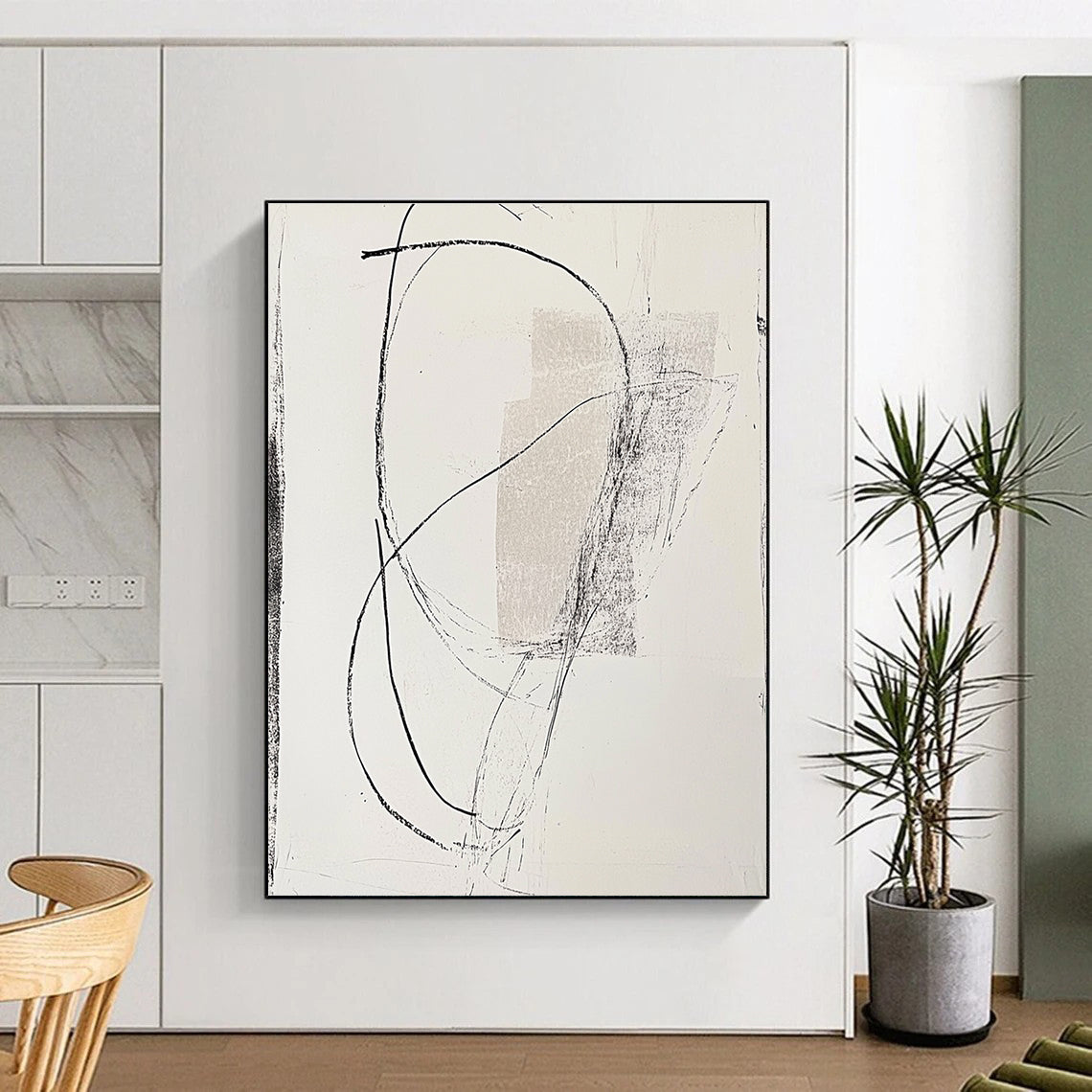 Large abstract drawing on paper featuring a side figure intertwined with curved lines against a light gray background.STSC1256
