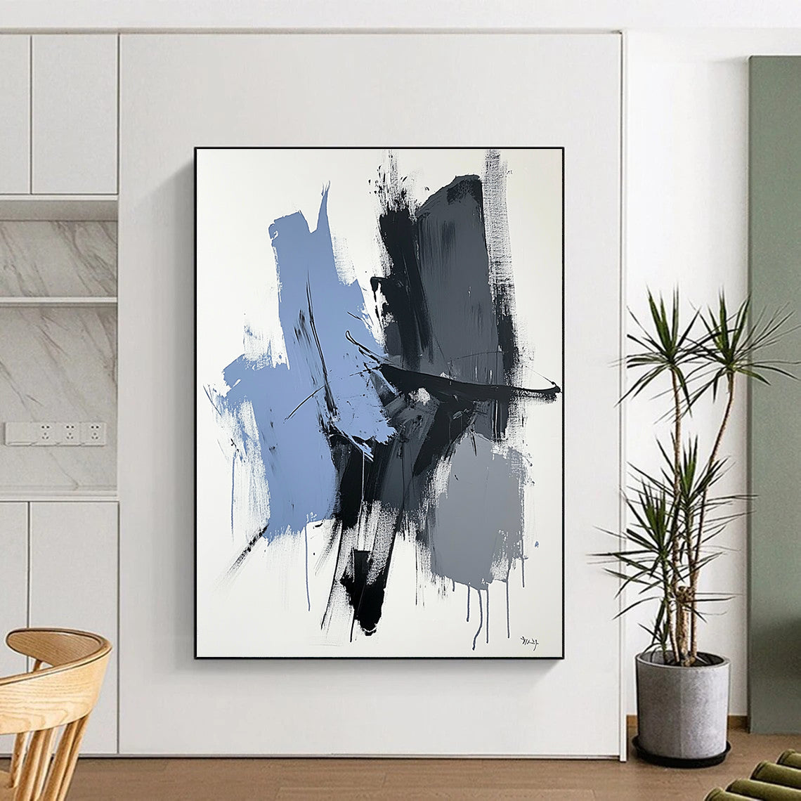 Blue Gray Black Abstract Painting with Minimalist Energy GER517
