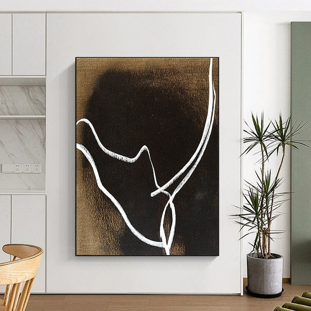 An abstract artwork featuring minimalist line art of a rhinoceros' horns in white on a dark brown background, inspired by Matisse and Dubuffet.STSC1346