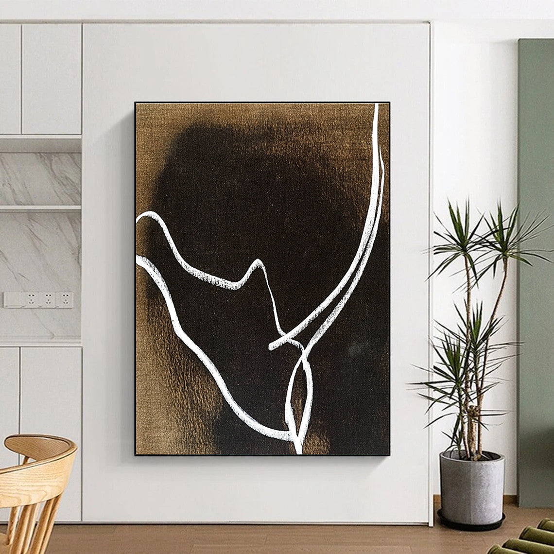 An abstract artwork featuring minimalist line art of a rhinoceros' horns in white on a dark brown background, inspired by Matisse and Dubuffet.STSC1346