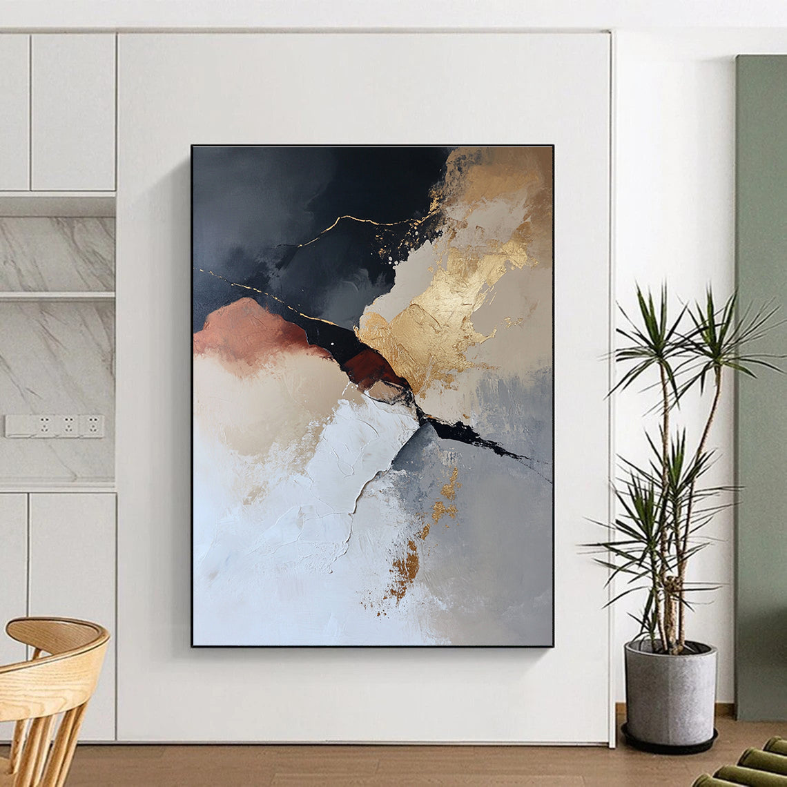 Black and Gold Abstract Painting with Dramatic Contrast GER466