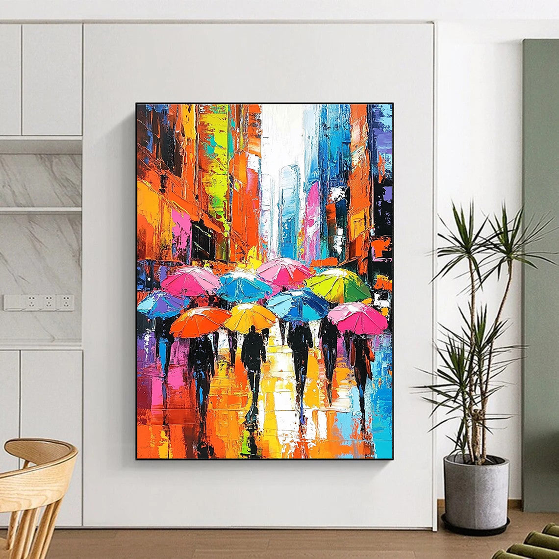 Large abstract painting depicting vibrant city streets with people under colorful umbrellas and skyscrapers emphasizing expressive faces and dynamic brushstrokes.STSC849