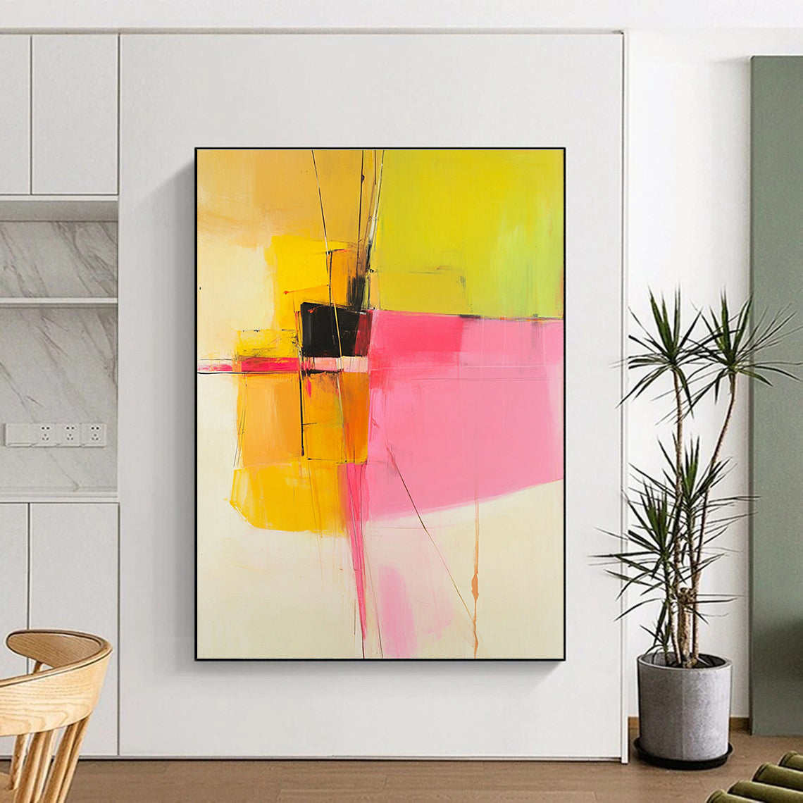 Yellow Pink and Black Abstract Painting with Geometric Forms GER692