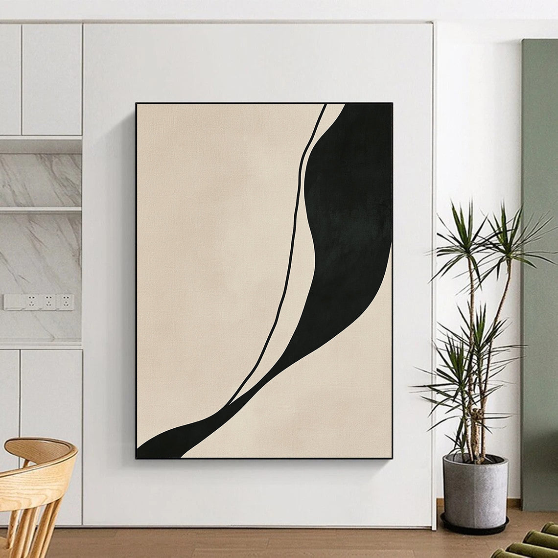 Black Beige Curved Line Abstract Painting GER843
