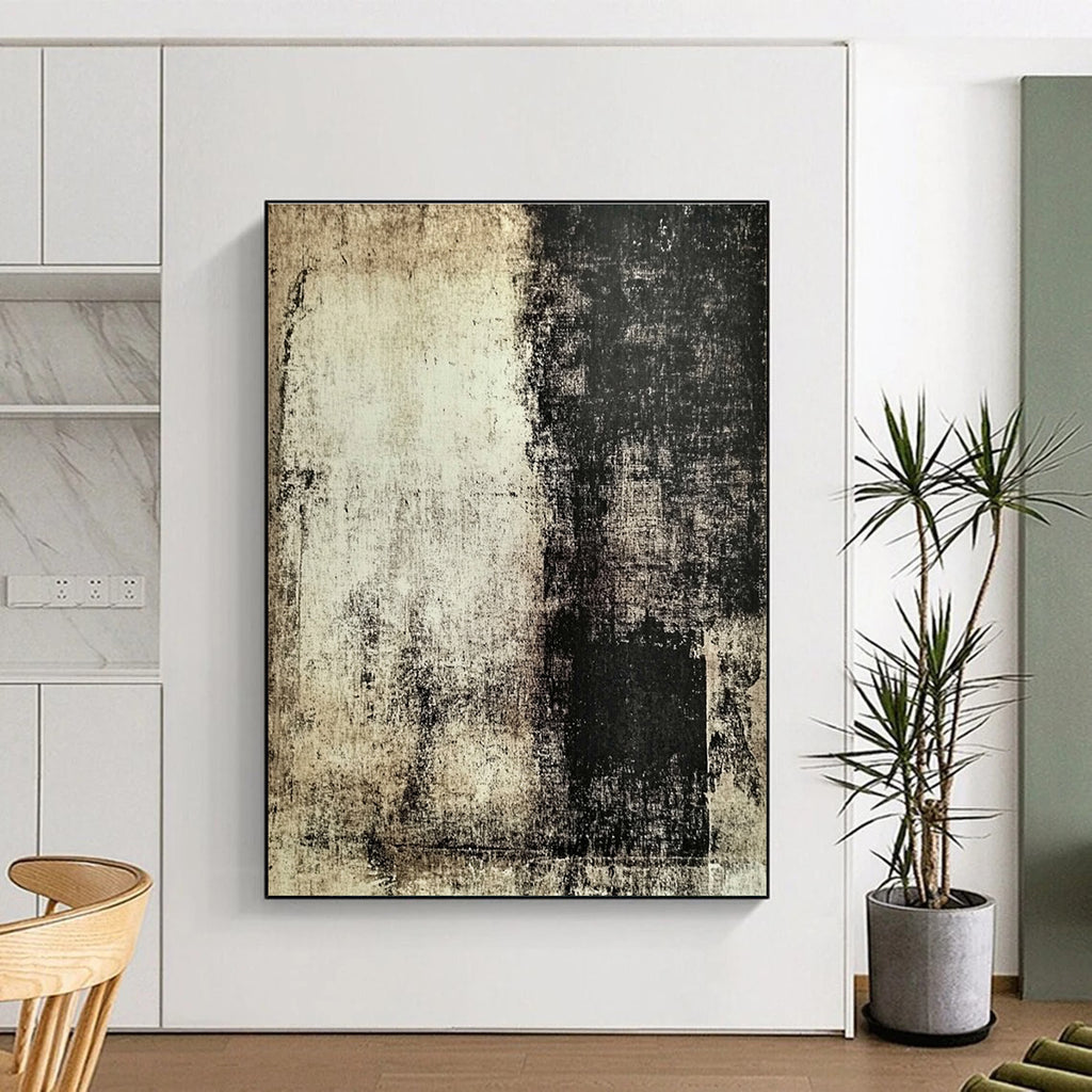 Beige and Black Textured Abstract Painting with Aged Effects GER113