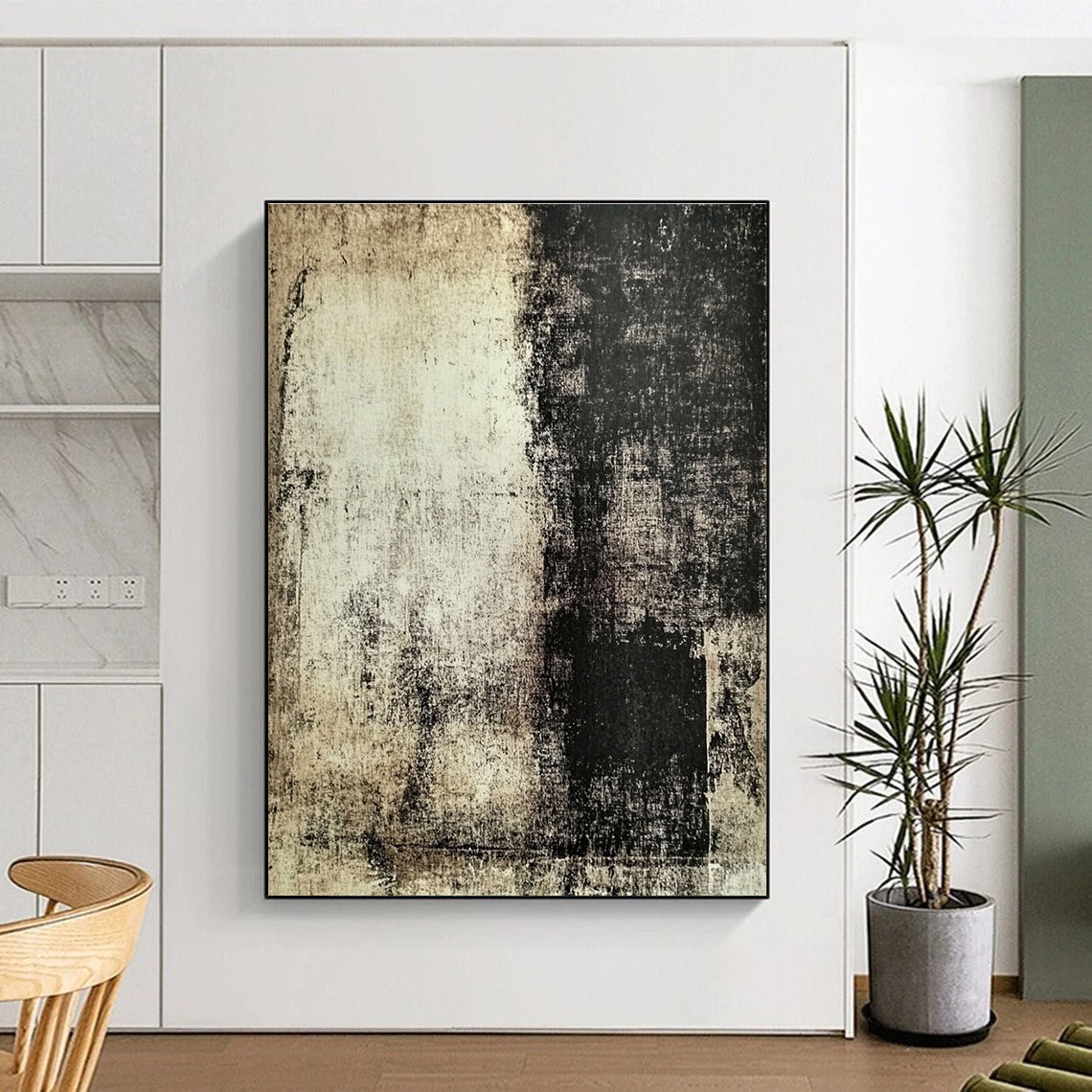 Beige and Black Textured Abstract Painting with Aged Effects GER113