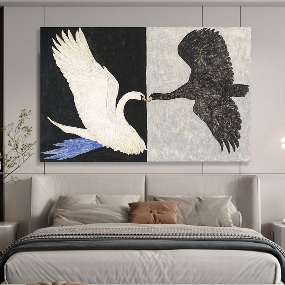 Large abstract painting of a swan and eagle in flight touching beaks on contrasting backgrounds of white and grey.SC558