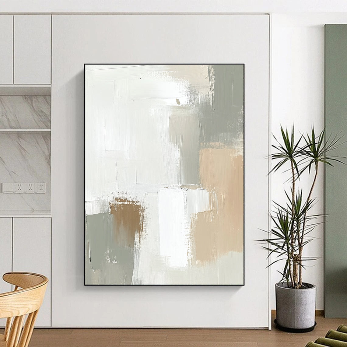 Large abstract painting in soft tones of white and beige featuring soft strokes and neutral shapes that blend harmoniously.STSC379