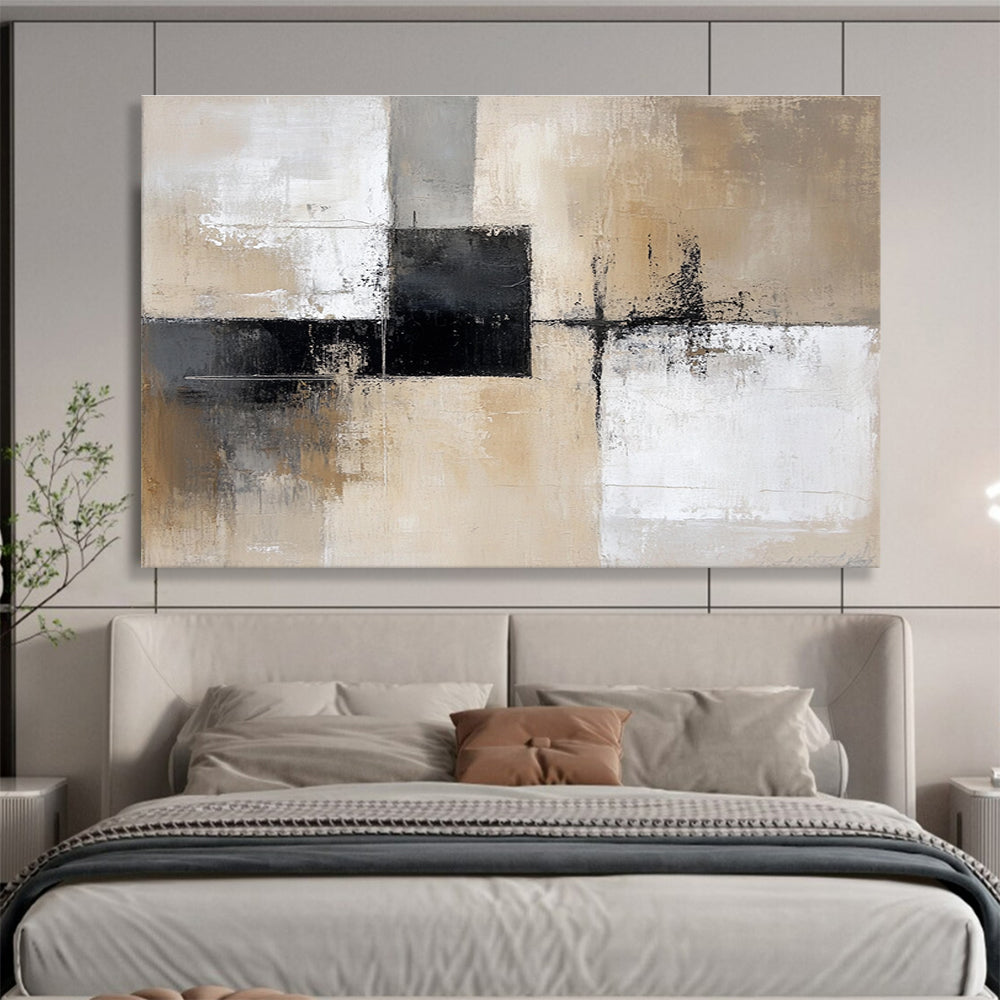Neutral Geometric Abstract Painting with Beige and Black Tones DYP527