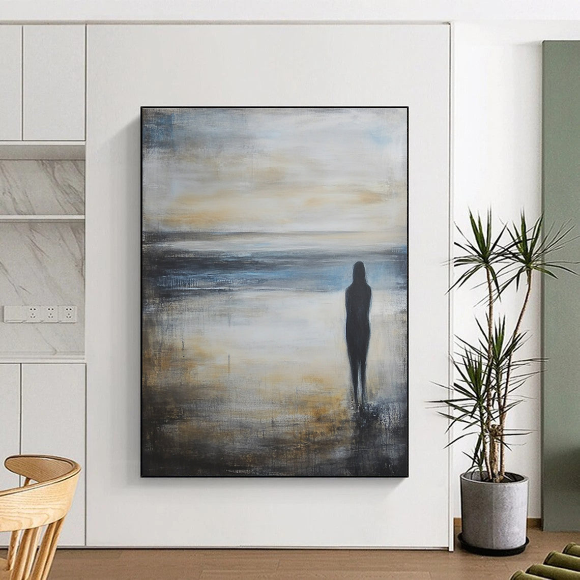 Large abstract oil painting of an empty beach at sunrise featuring calm sea and sky in grey blue and beige shades.STSC586
