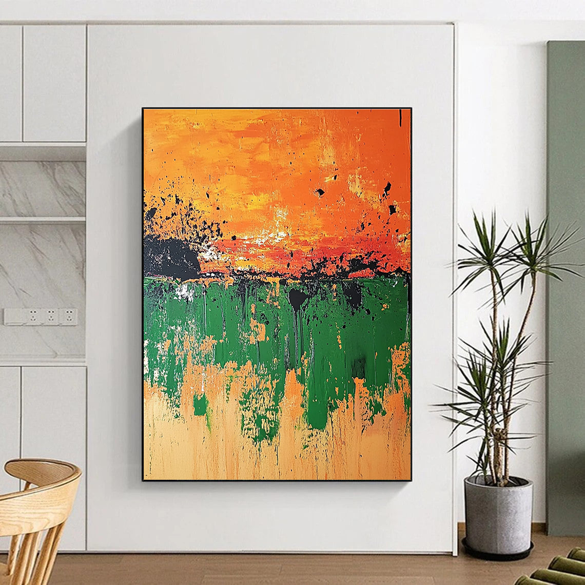Orange Green Drip Abstract Painting with Bold Layers GER493