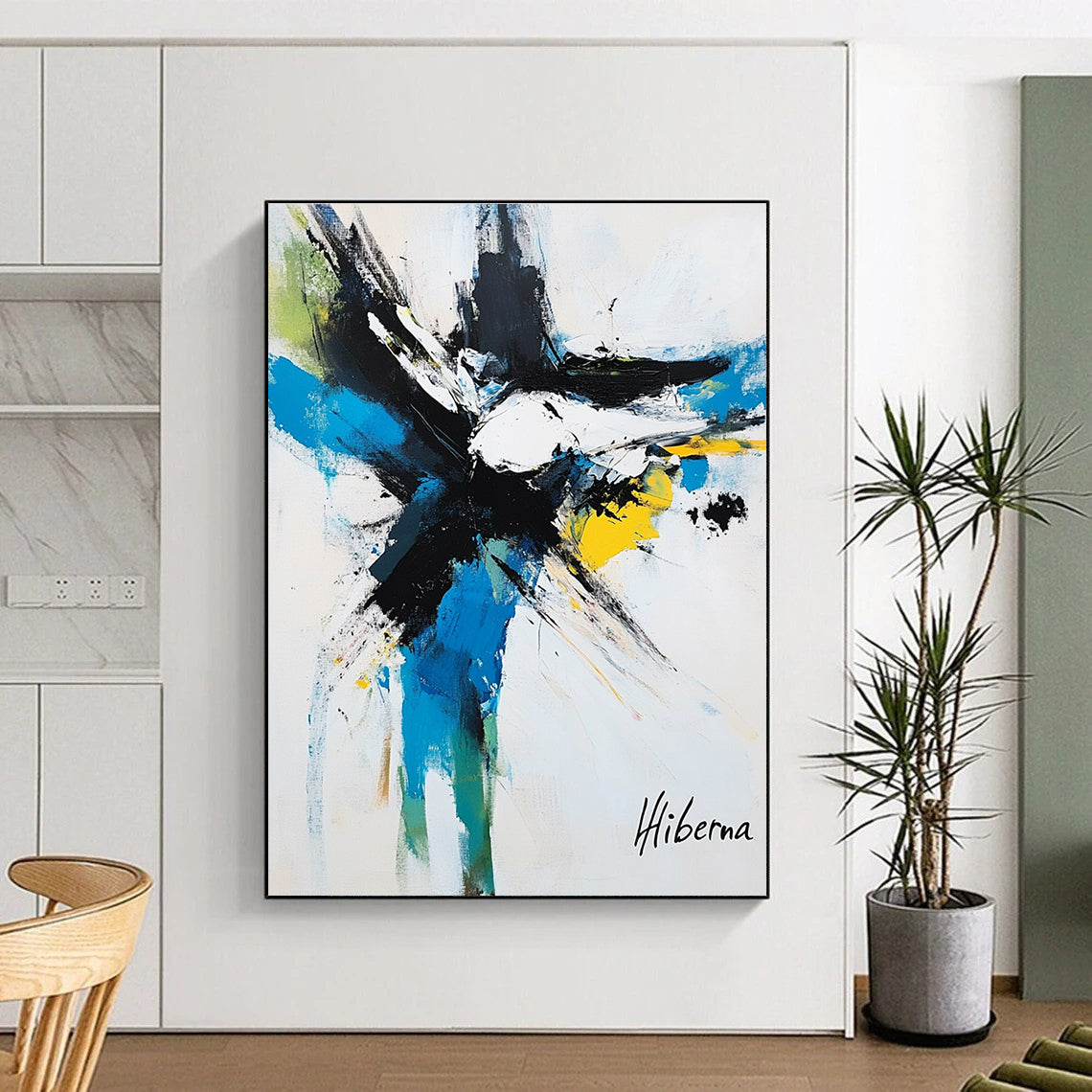 Large abstract painting featuring dynamic brush strokes in white black blue yellow and green capturing an animal in motion signed Hiberna.STSC1097