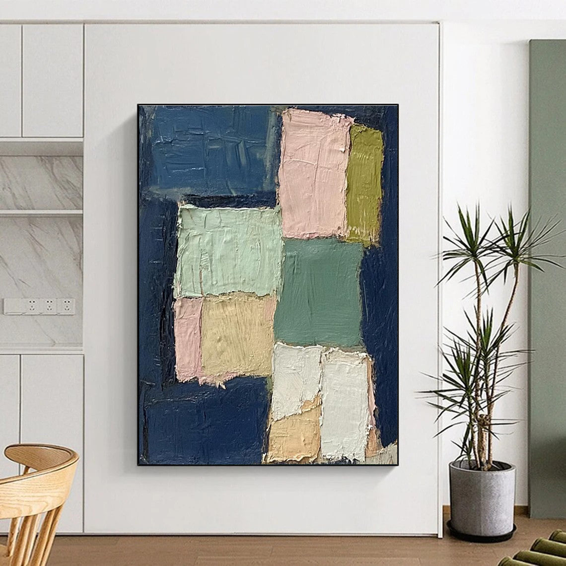 Blue Pink Green Beige Patchwork Abstract Painting ADGE013
