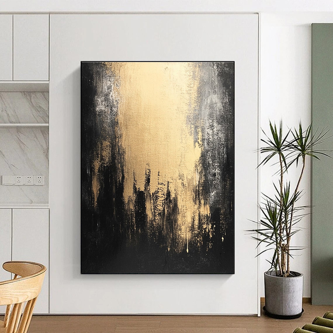 Large abstract painting in dark gray and light gold showcasing urban decay with black shadows for a captivating contemporary atmosphere.STSC228