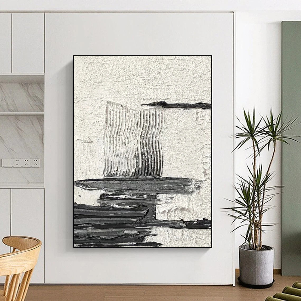 Black and White Layered Textured Abstract Painting ADGE388